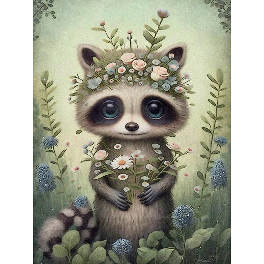 Raccoon With Flower - Full Round Drill Diamond Painting 30*40CM