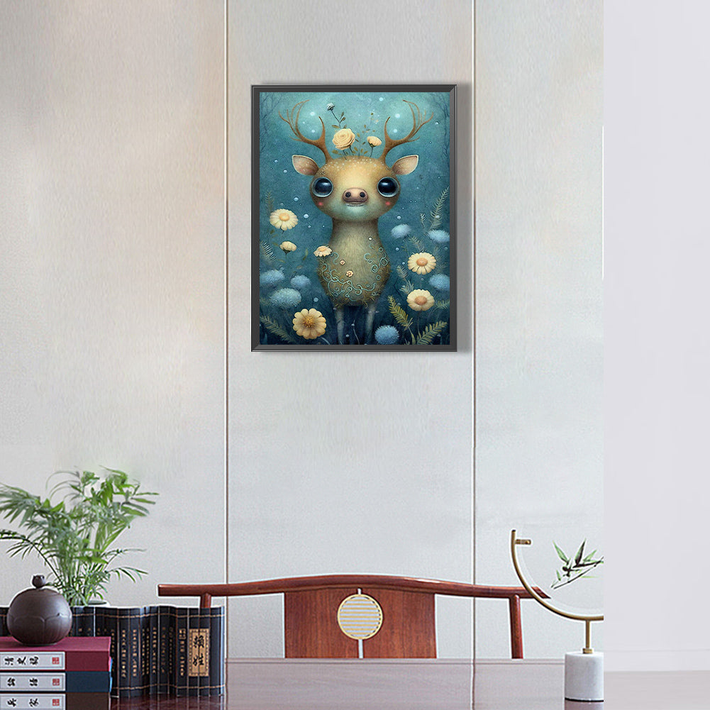 Deer In Flowers - Full Round Drill Diamond Painting 30*40CM