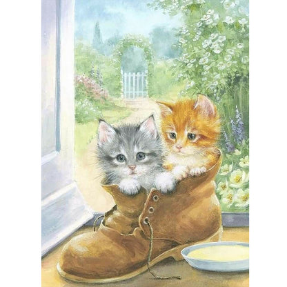 Two Kittens Hiding In Shoes - Full Round Drill Diamond Painting 30*40CM