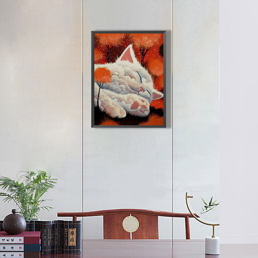 Cat Fairy Taking A Nap On A Red Tree - Full Round Drill Diamond Painting 30*40CM