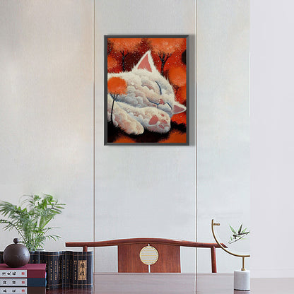 Cat Fairy Taking A Nap On A Red Tree - Full Round Drill Diamond Painting 30*40CM