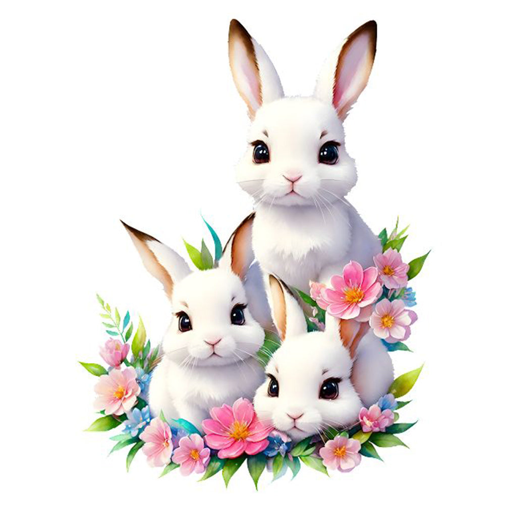 Three Little White Rabbits Among Flowers - Full Round Drill Diamond Painting 30*40CM