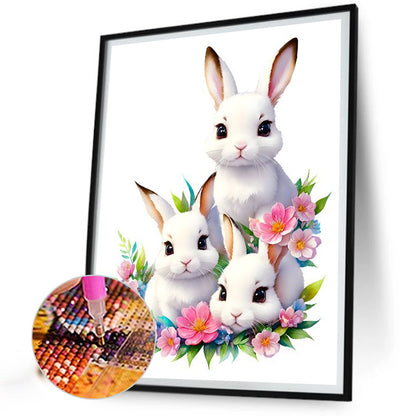 Three Little White Rabbits Among Flowers - Full Round Drill Diamond Painting 30*40CM