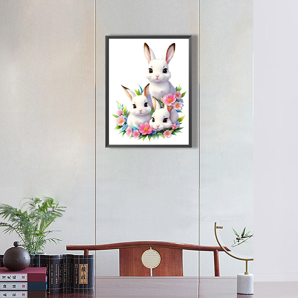 Three Little White Rabbits Among Flowers - Full Round Drill Diamond Painting 30*40CM