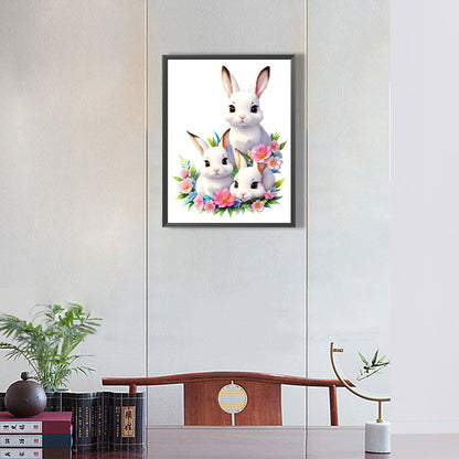 Three Little White Rabbits Among Flowers - Full Round Drill Diamond Painting 30*40CM