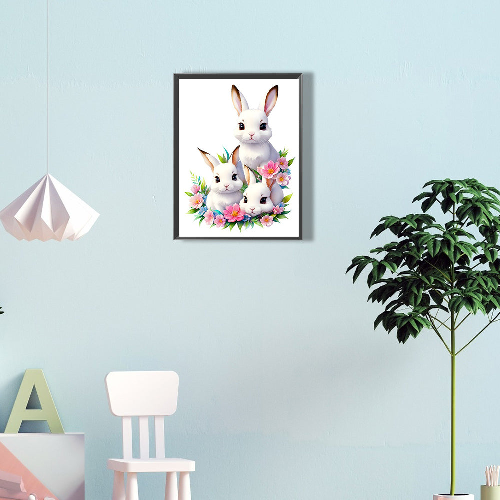Three Little White Rabbits Among Flowers - Full Round Drill Diamond Painting 30*40CM