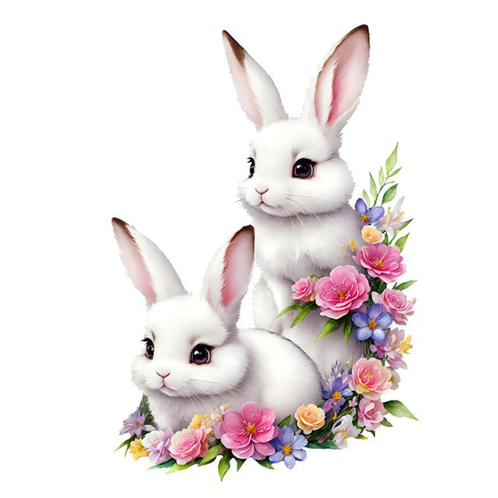 Two Little White Rabbits Among Flowers - Full Round Drill Diamond Painting 30*40CM