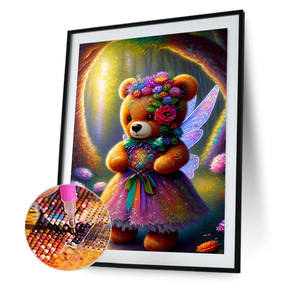 Wearing Flower Teddy Bear - Full Round Drill Diamond Painting 30*40CM