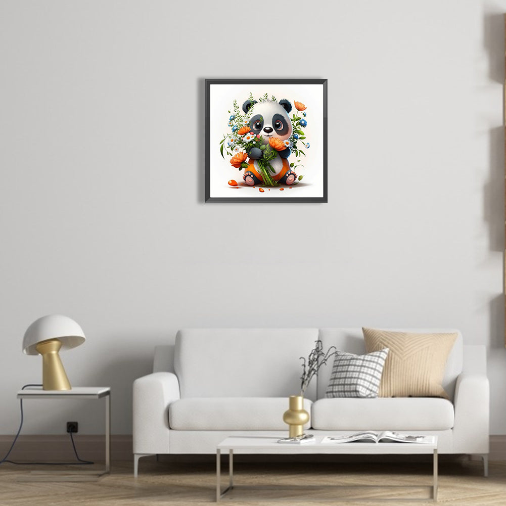 Panda Preparing For Flower Arrangement - Full Round Drill Diamond Painting 30*30CM