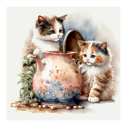 Two Kittens Digging Out A Jar - Full Round Drill Diamond Painting 30*30CM