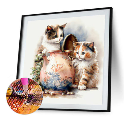 Two Kittens Digging Out A Jar - Full Round Drill Diamond Painting 30*30CM