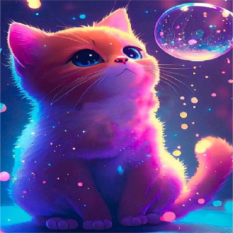 Purple Light Cute Cat - Full Round Drill Diamond Painting 30*40CM