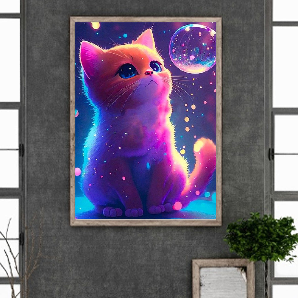Purple Light Cute Cat - Full Round Drill Diamond Painting 30*40CM
