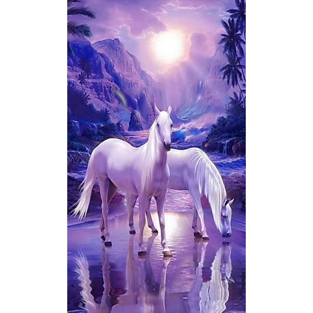 White Horse At Sunset - Full Round Drill Diamond Painting 40*70CM