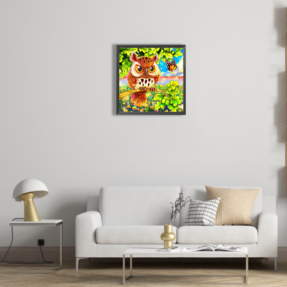 Proud Owl With Butterflies - Full Round Drill Diamond Painting 30*30CM