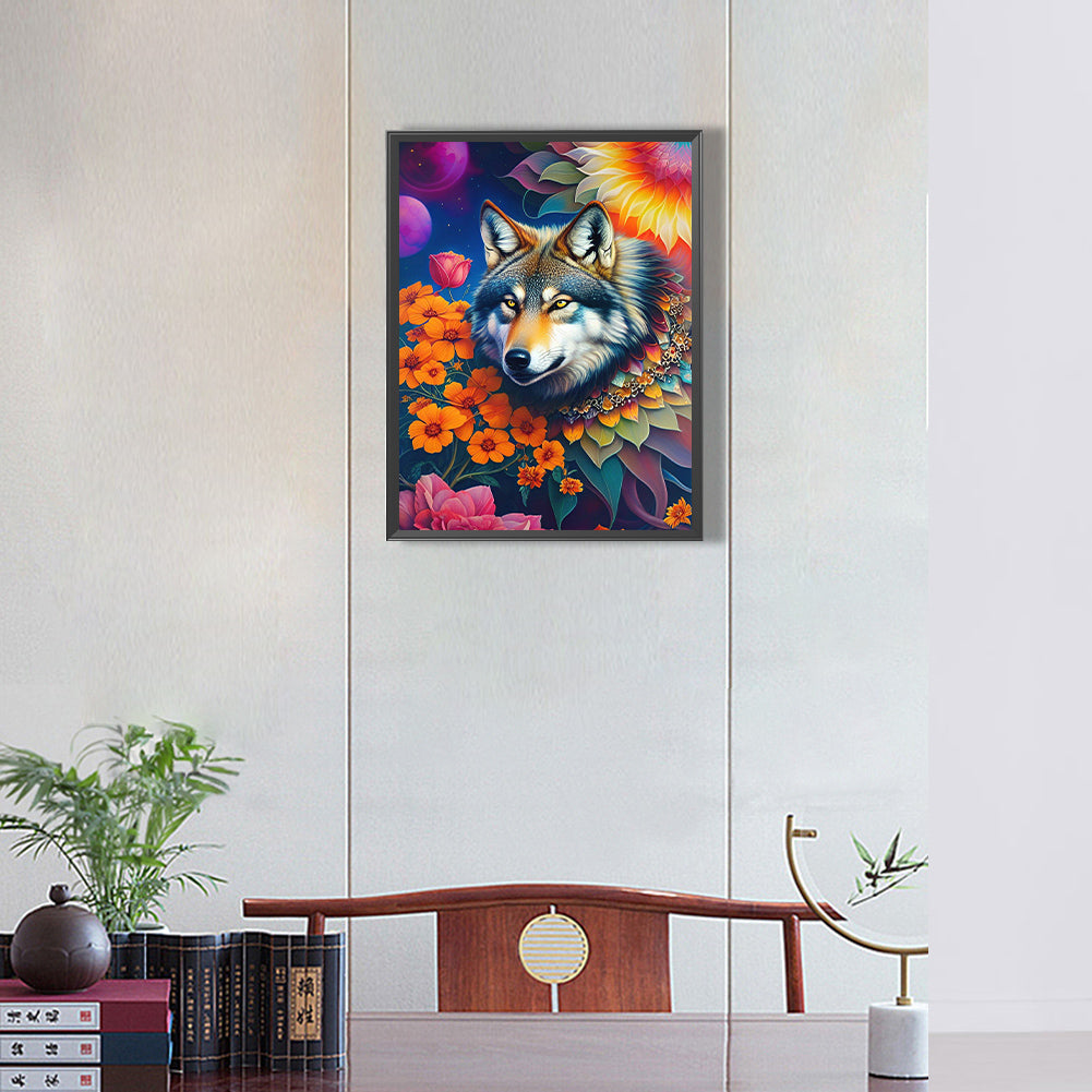 Wolf In The Flowers - Full Round Drill Diamond Painting 30*40CM