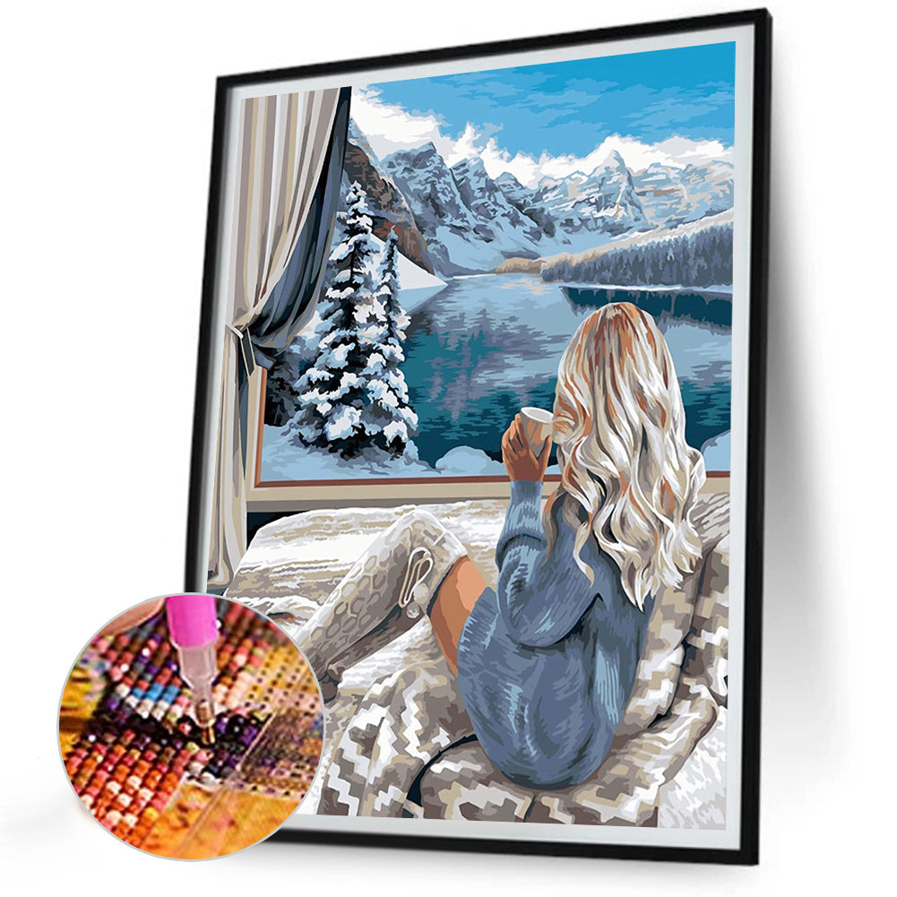 Winter Mountain Lake Girl - Full Round Drill Diamond Painting 35*45CM