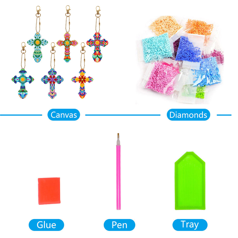 6pcs Cross Diamond Painting Keychain DIY Diamond Mosaic Kit Bag Pendant