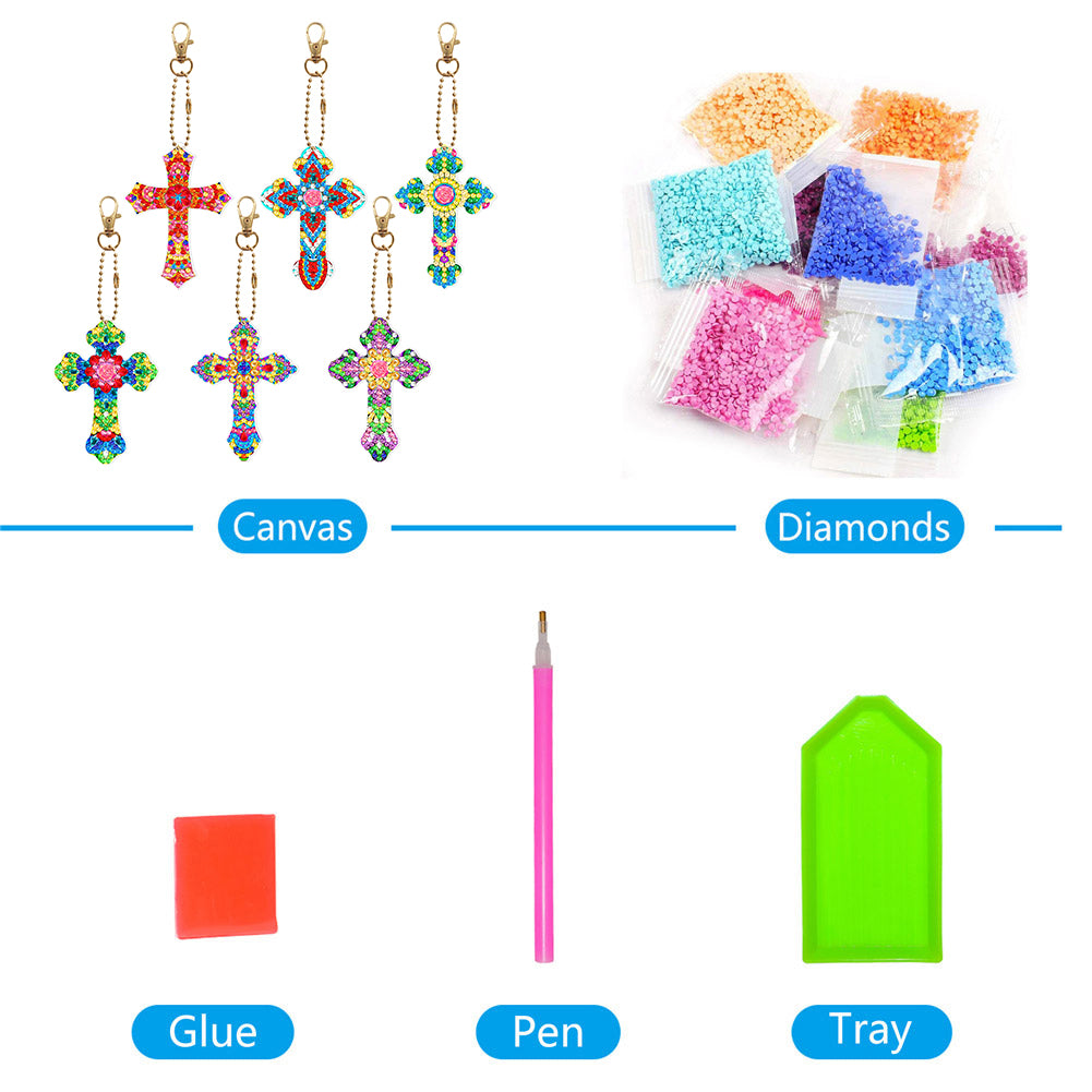 6pcs Cross Diamond Painting Keychain DIY Diamond Mosaic Kit Bag Pendant