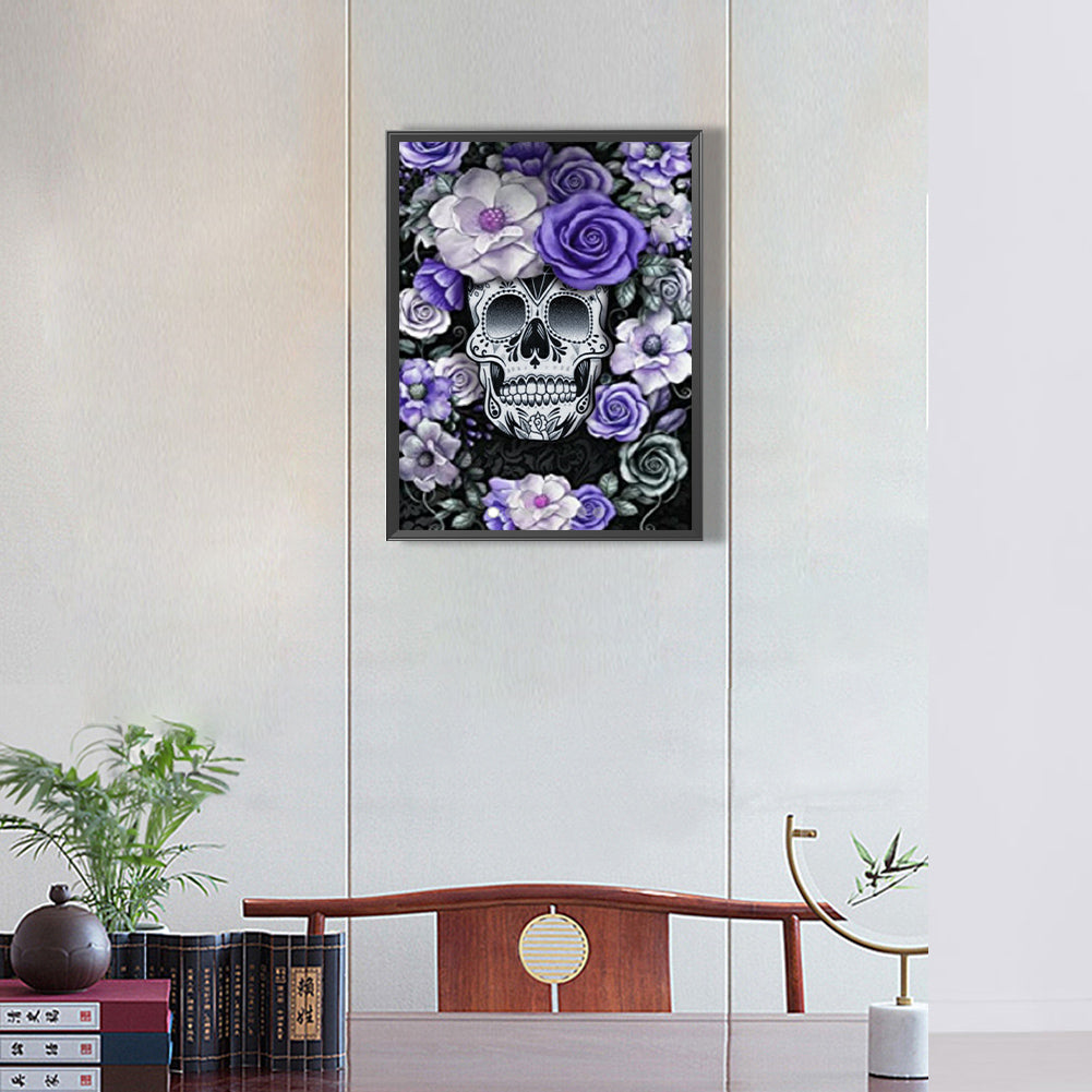 Skull Under Purple Flowers - Full Round Drill Diamond Painting 30*40CM
