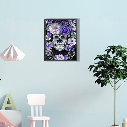 Skull Under Purple Flowers - Full Round Drill Diamond Painting 30*40CM