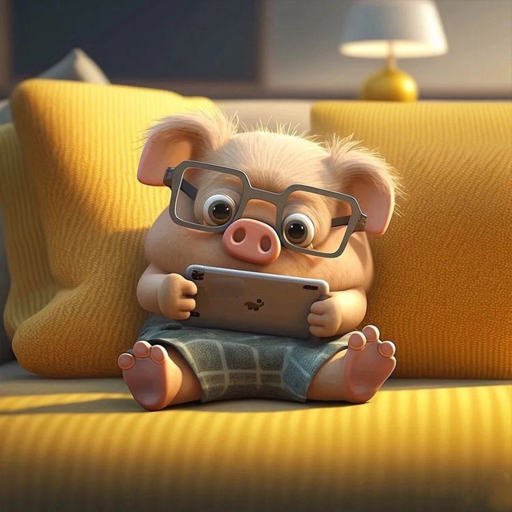 Pig Looking At Phone - Full Round Drill Diamond Painting 30*30CM