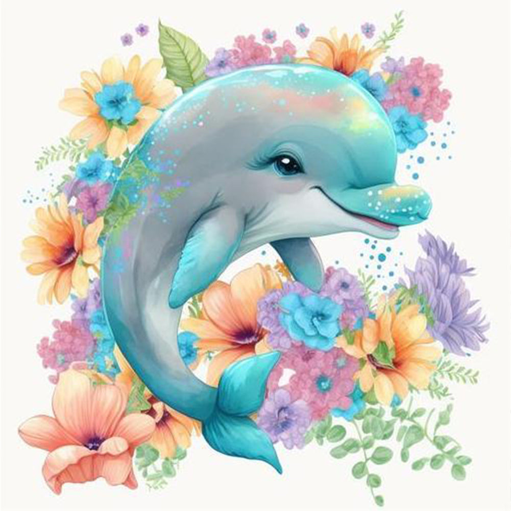 Happy Dolphin Under The Sea Of Flowers - Full Round Drill Diamond Painting 30*30CM