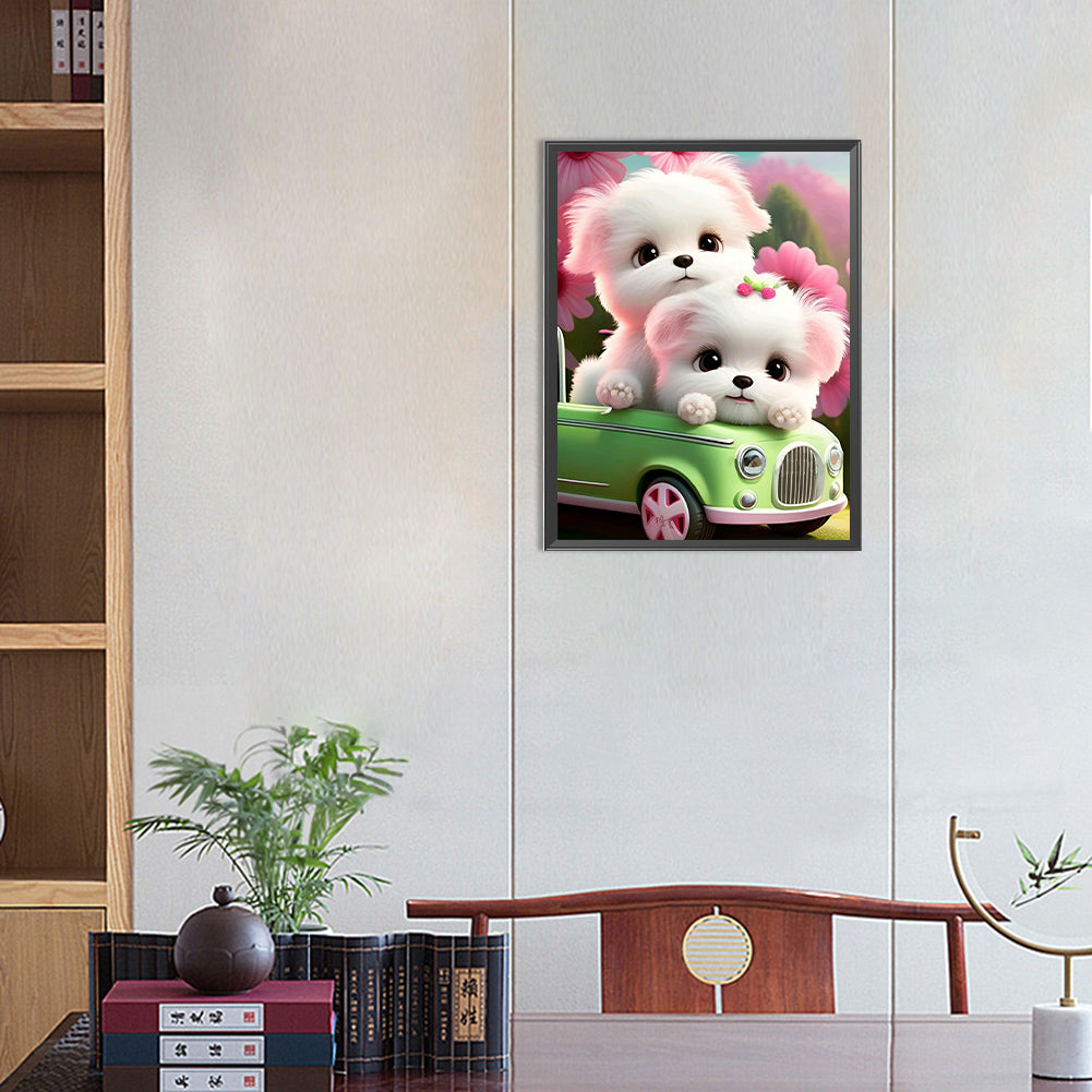 Pink Dog And Car - Full Round Drill Diamond Painting 30*40CM