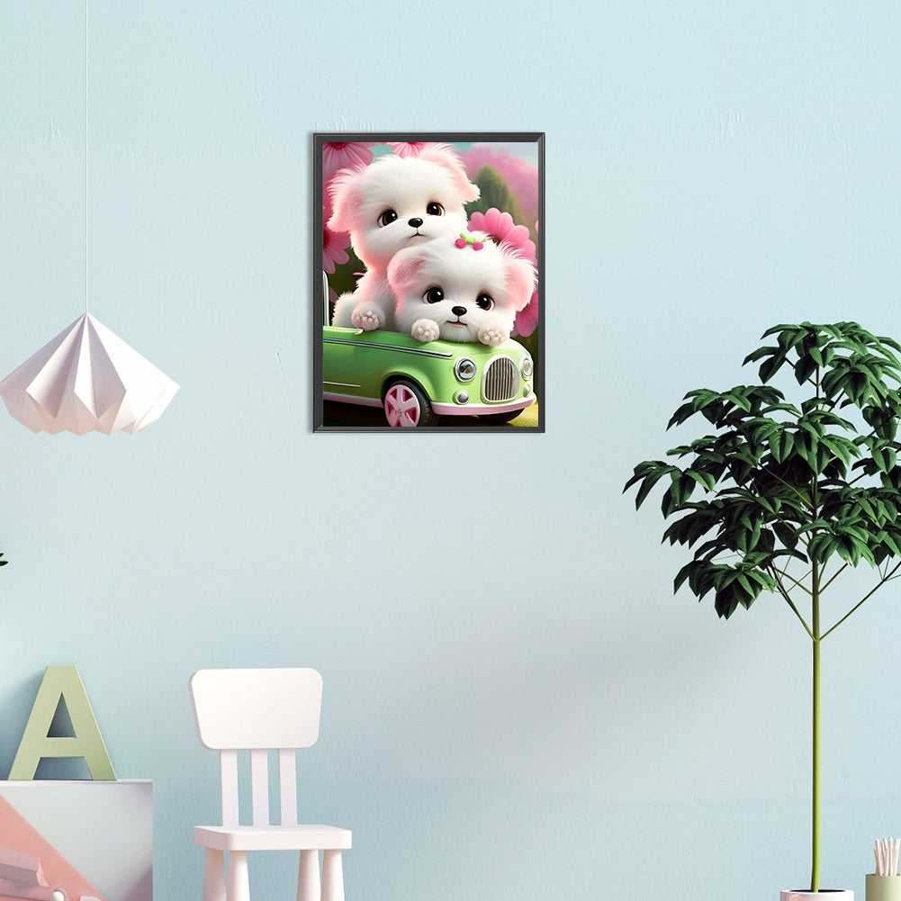 Pink Dog And Car - Full Round Drill Diamond Painting 30*40CM