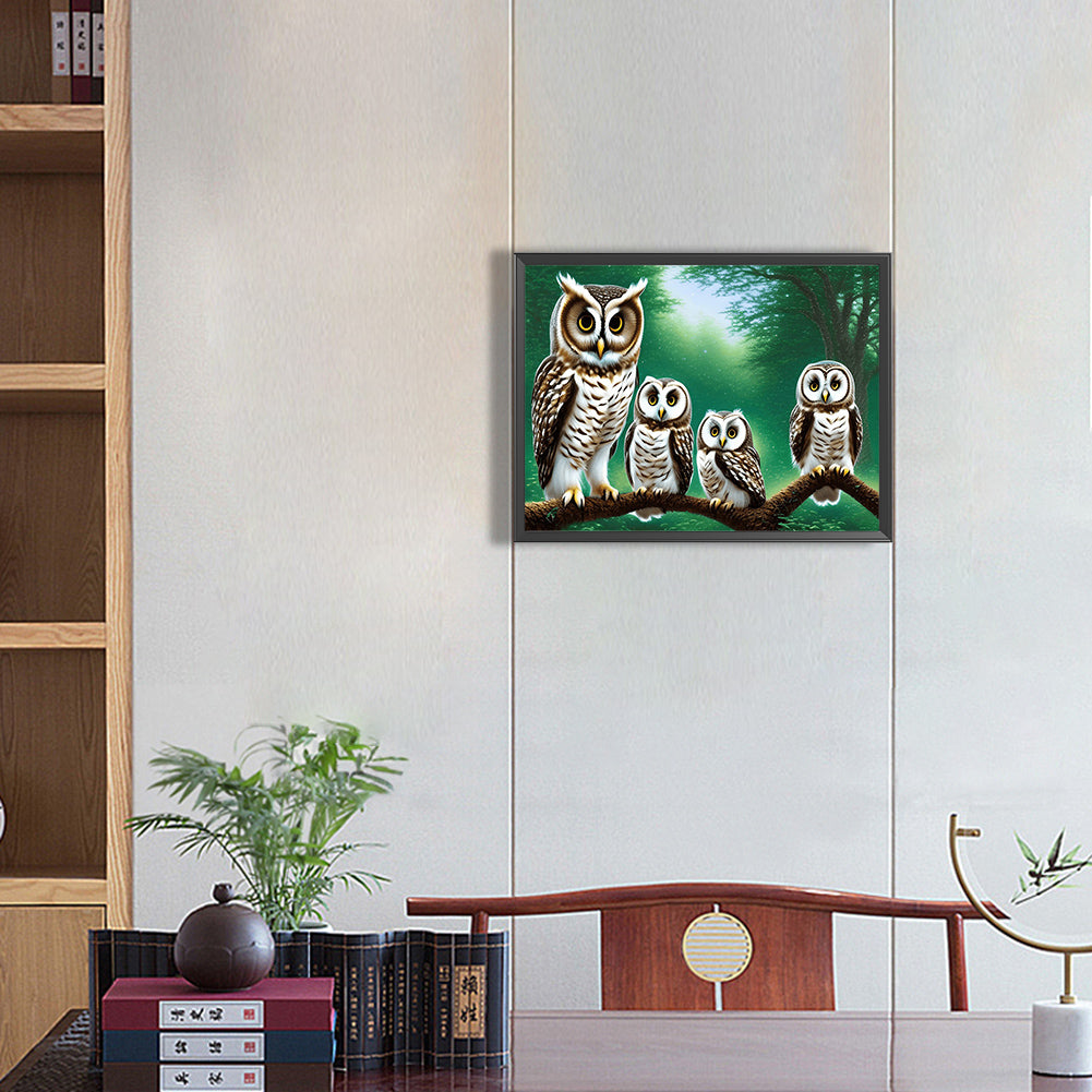 Owl Family - Full Round Drill Diamond Painting 40*30CM