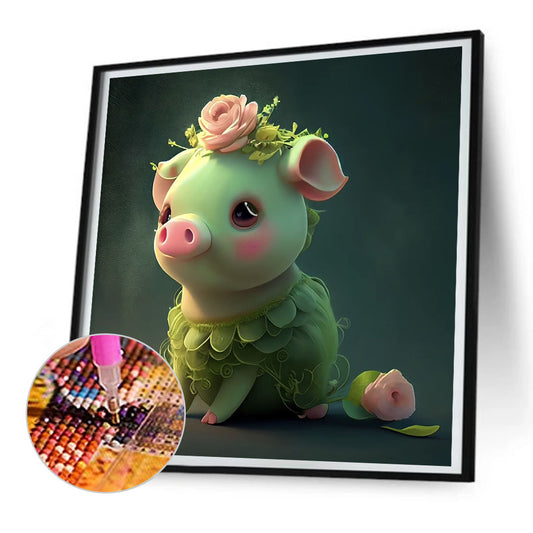 Green Animal Pig - Full Round Drill Diamond Painting 30*30CM