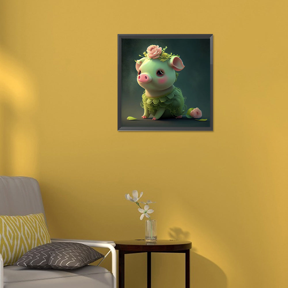 Green Animal Pig - Full Round Drill Diamond Painting 30*30CM
