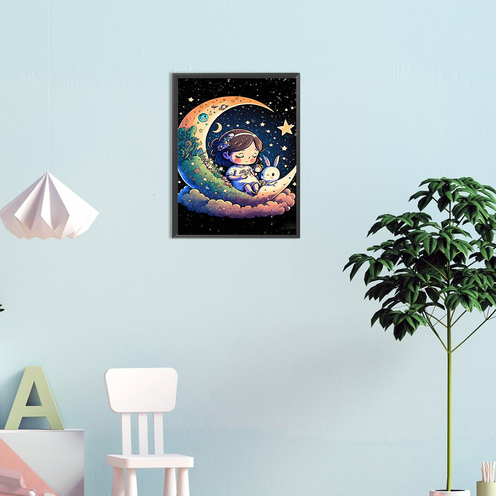 Moon Girl And Little White Rabbit - Full Round Drill Diamond Painting 30*40CM