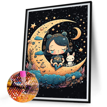 Moon Girl And Cat And Rabbit - Full Round Drill Diamond Painting 30*40CM