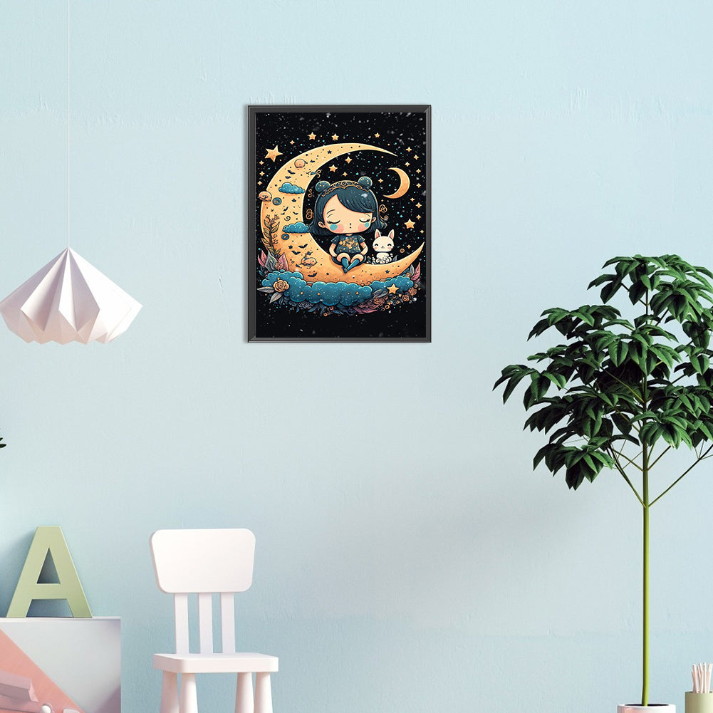 Moon Girl And Cat And Rabbit - Full Round Drill Diamond Painting 30*40CM