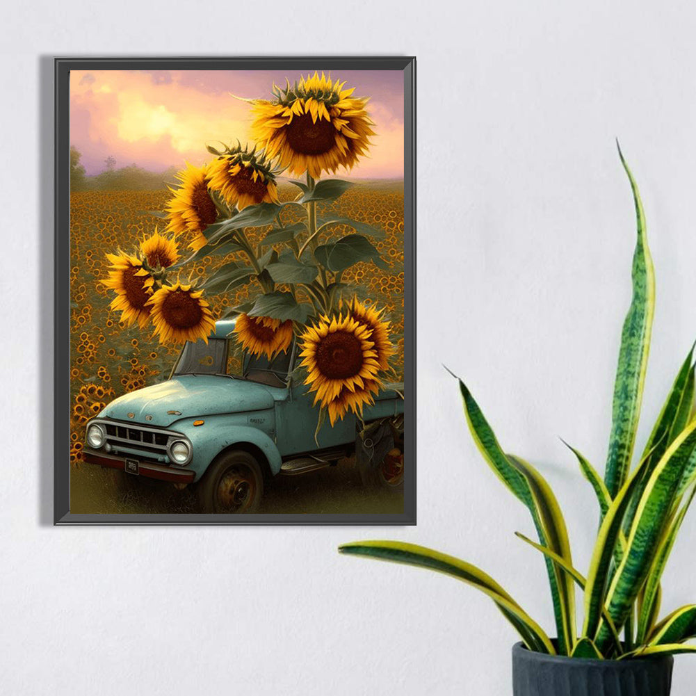 Car In Sunflower - Full Square Drill Diamond Painting 30*40CM