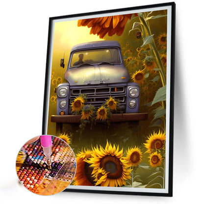 Car In Sunflower - Full Square Drill Diamond Painting 30*40CM