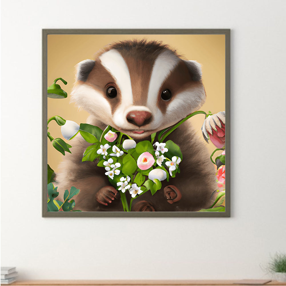 Raccoon With Flower - Full Round Drill Diamond Painting 30*30CM