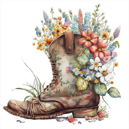 Watercolor Style Boots Flowers - Full Round Drill Diamond Painting 30*30CM