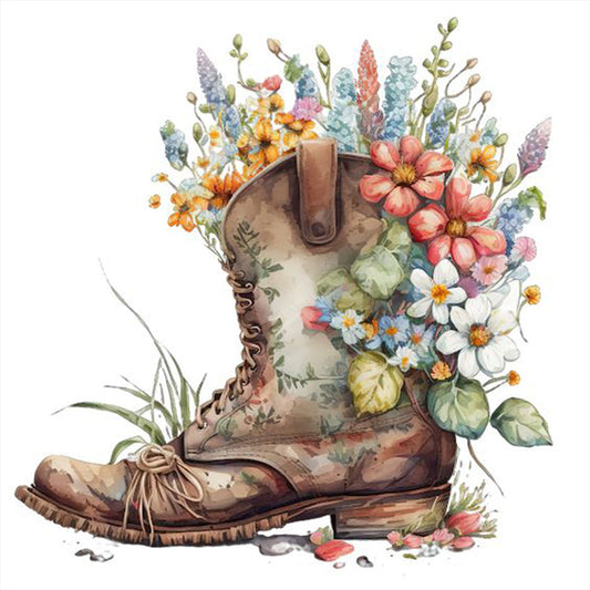 Watercolor Style Boots Flowers - Full Round Drill Diamond Painting 30*30CM