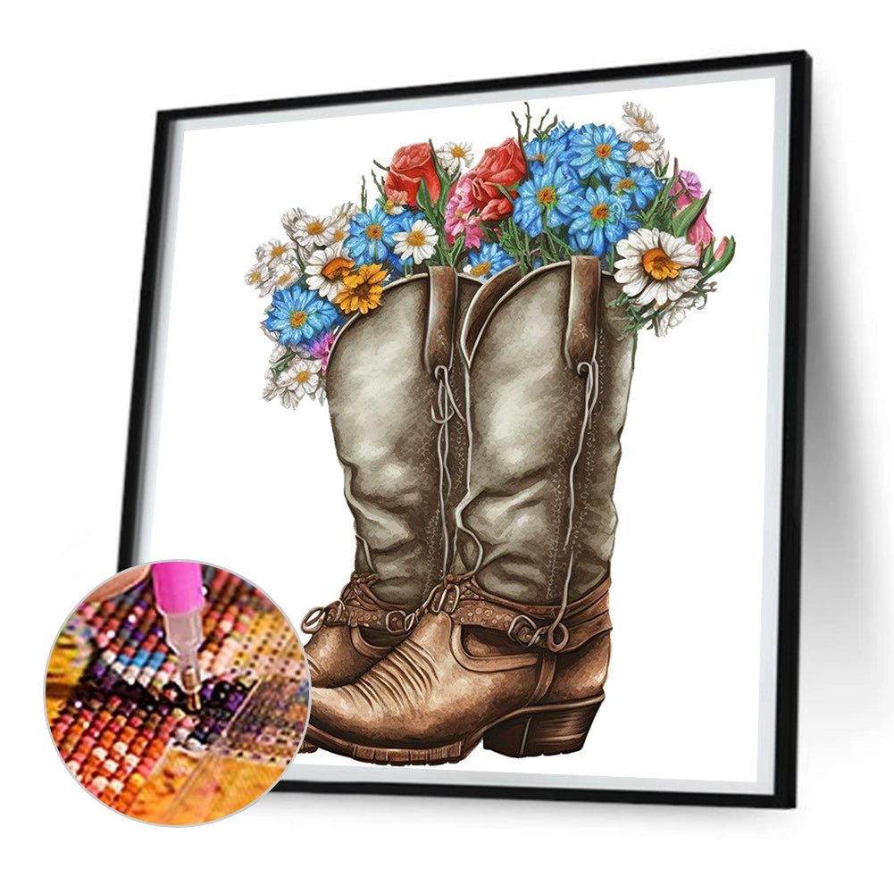 Watercolor Style Boots Flowers - Full Round Drill Diamond Painting 30*30CM