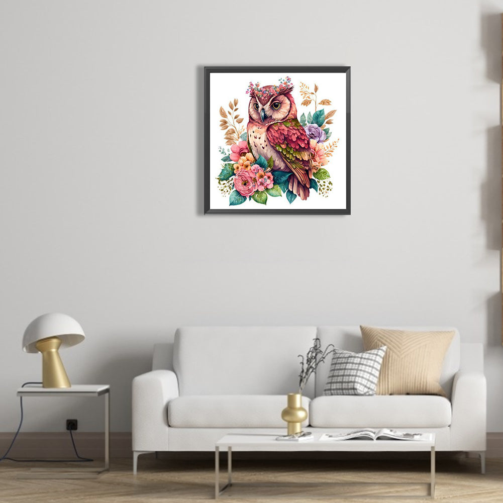 Flower With Red Owl - Full Round Drill Diamond Painting 30*30CM