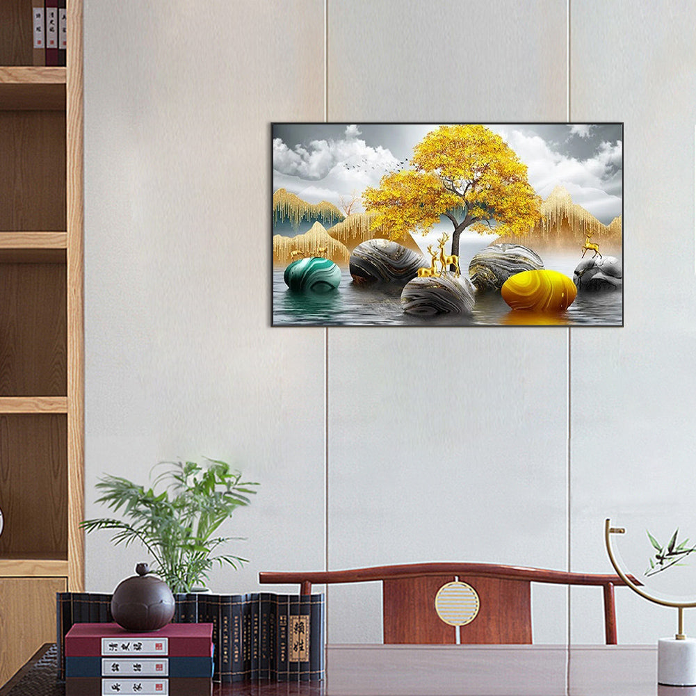 Golden Deer Ginkgo Leaf - Full Round Drill Diamond Painting 70*40CM