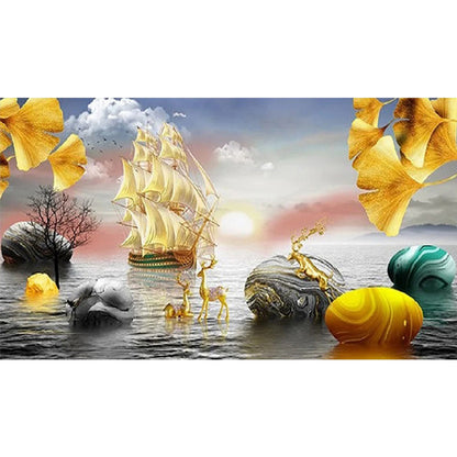 Golden Deer Ginkgo Leaf - Full Round Drill Diamond Painting 70*40CM
