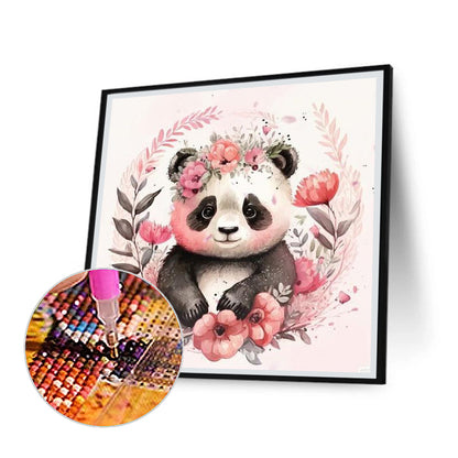 Panda In Pink Flower - Full Round Drill Diamond Painting 30*30CM