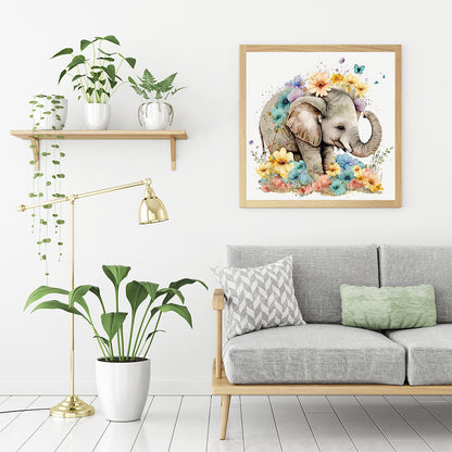 Elephant In The Flowers - Full Round Drill Diamond Painting 30*30CM