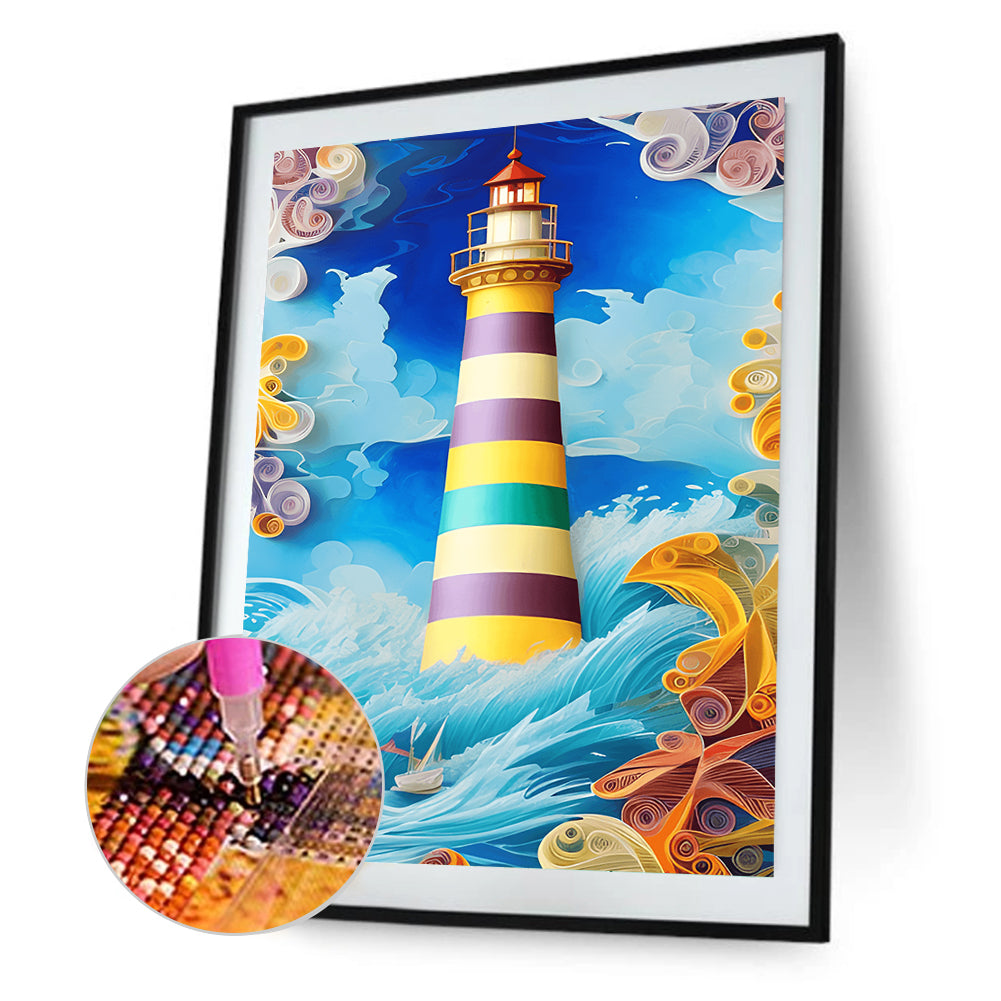 Paper Painting Of Lighthouse - Full Round Drill Diamond Painting 30*40CM