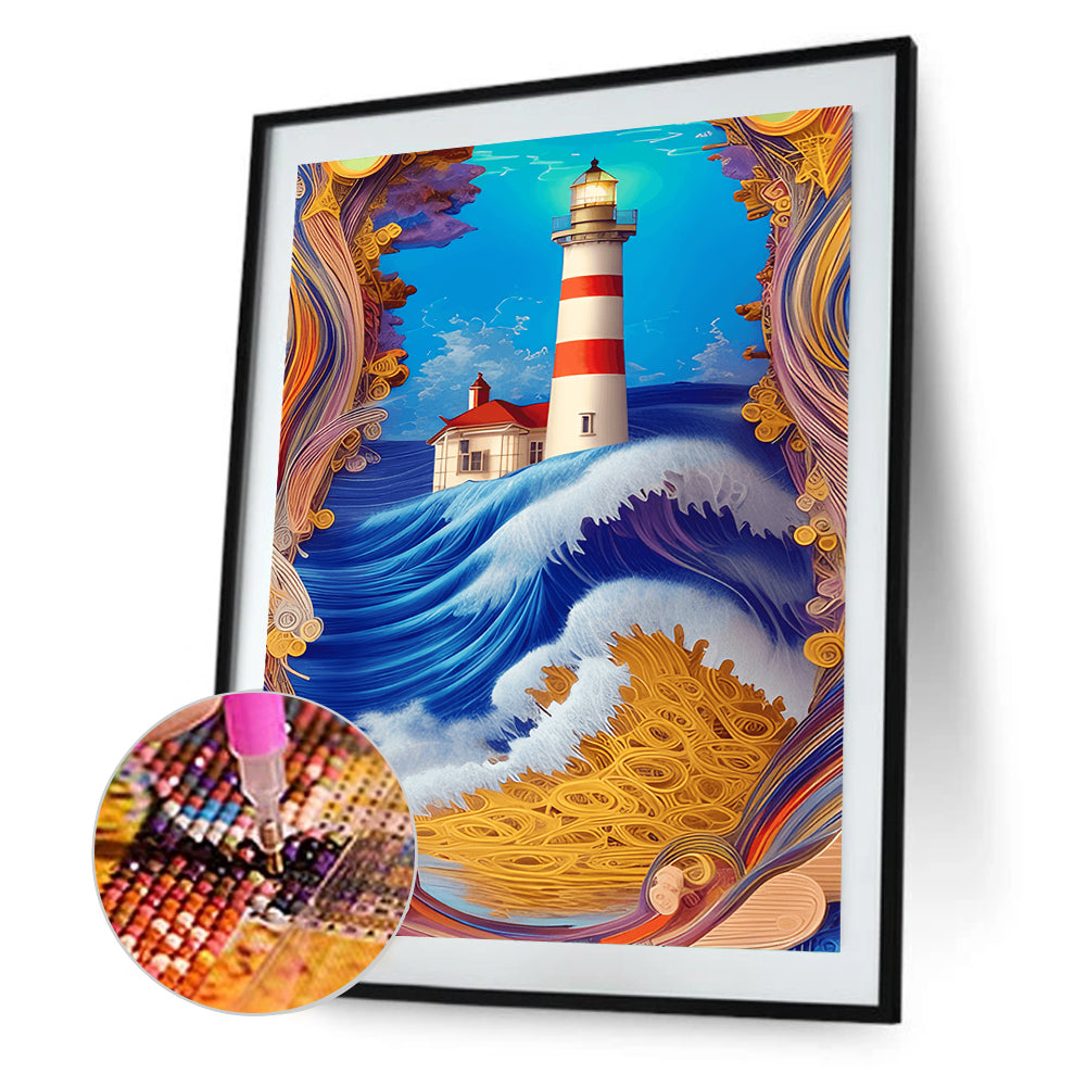 Paper Painting Of Lighthouse - Full Round Drill Diamond Painting 30*40CM