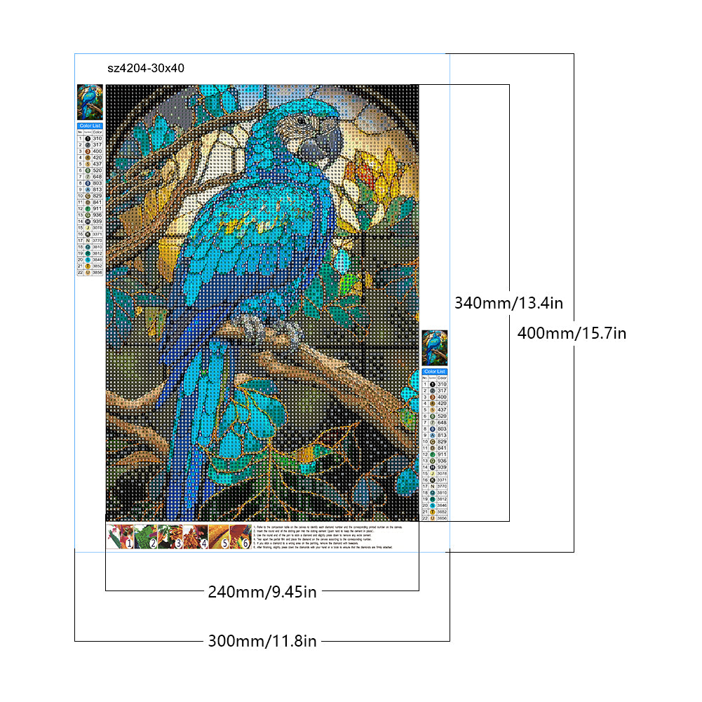 Blue Parrot Glass Painting - Full Round Drill Diamond Painting 30*40CM