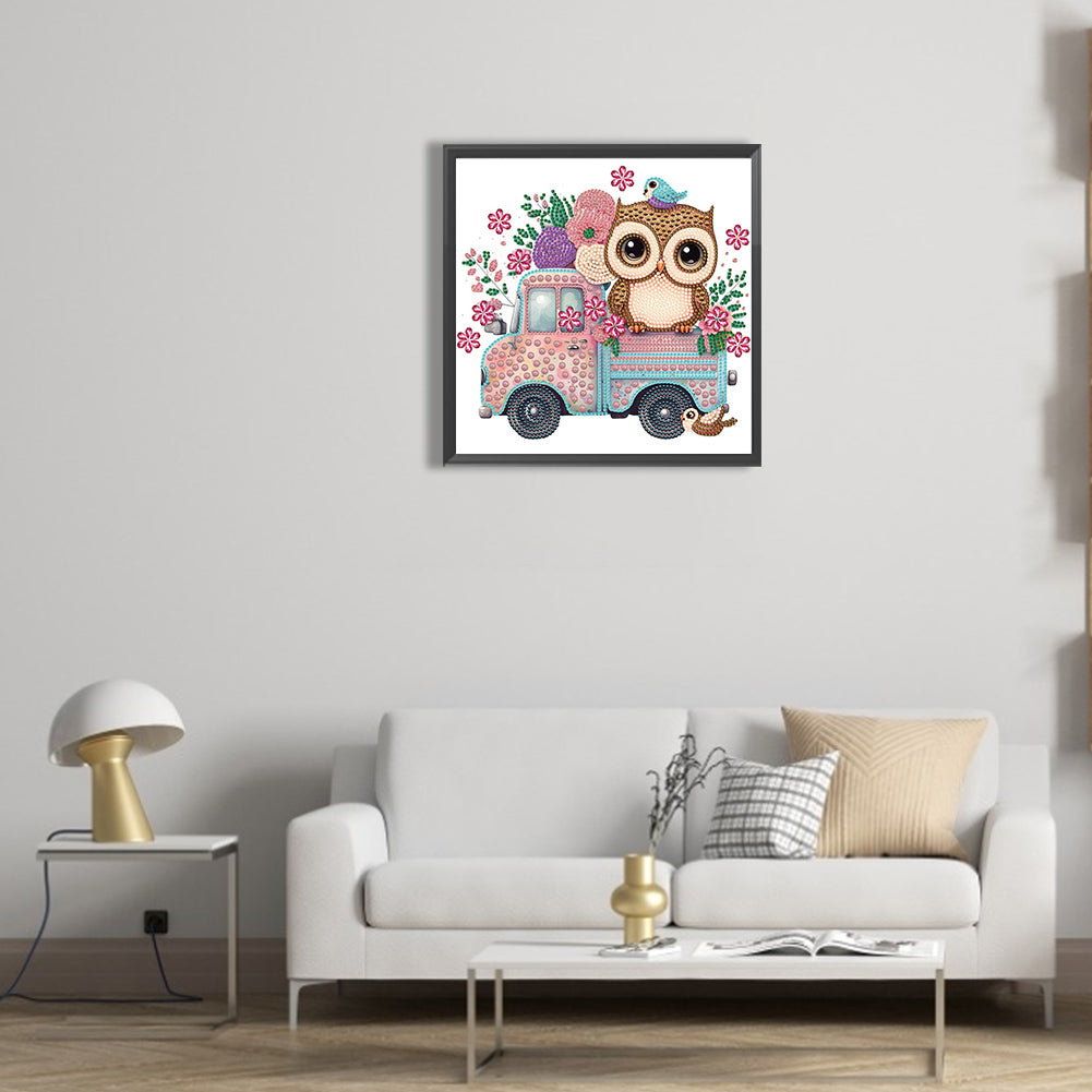 Pink Owl Car - Special Shaped Drill Diamond Painting 30*30CM